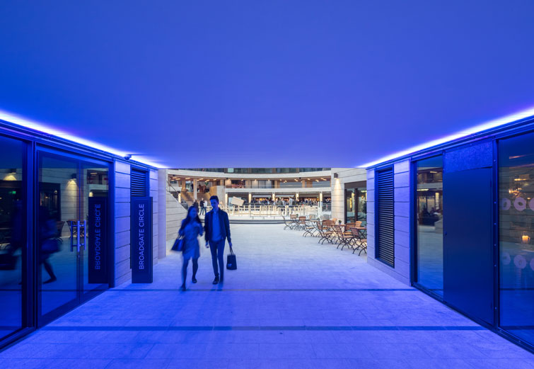 Photograph showing the coloured lighting illuminating the walkways. 9 of 23.